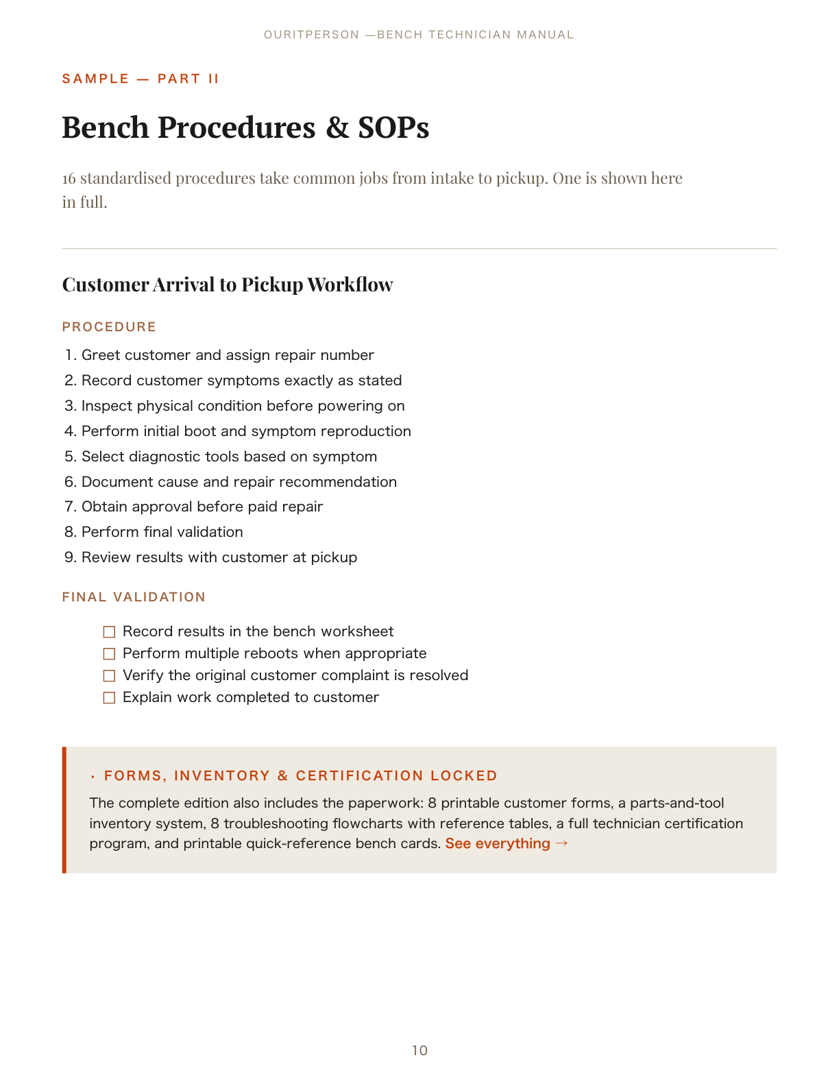 Sample bench SOP — Customer Arrival to Pickup procedure with numbered steps and a final validation checklist.
