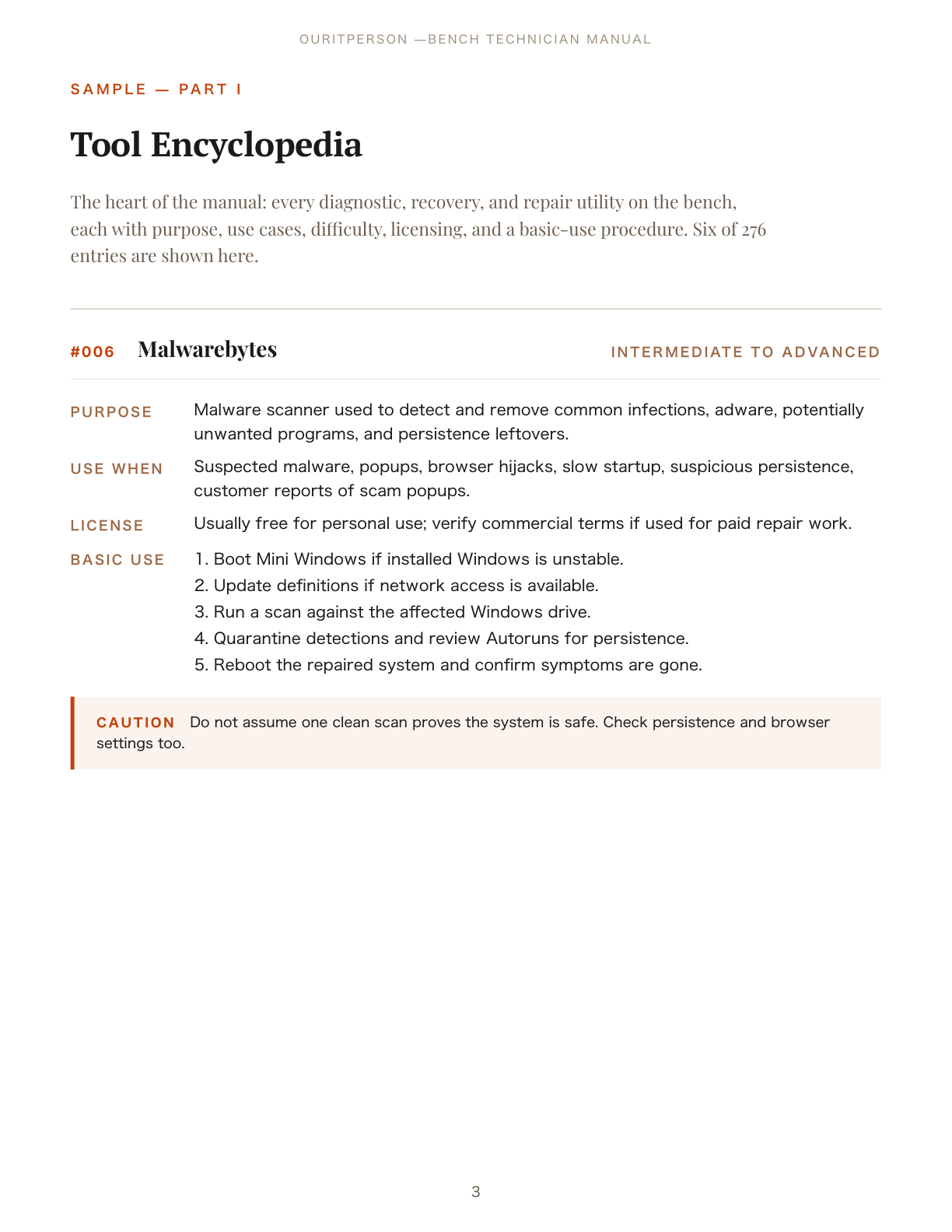 Sample tool encyclopedia page — Malwarebytes entry with purpose, use cases, basic-use steps and caution.